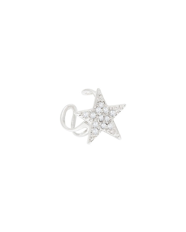 Silver star ear cuff with clear cubic zirconia, isolated on white background.