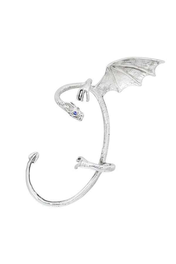 Sterling silver dragon ear cuff with blue cubic zirconia eyes and detailed wing, shown on white background