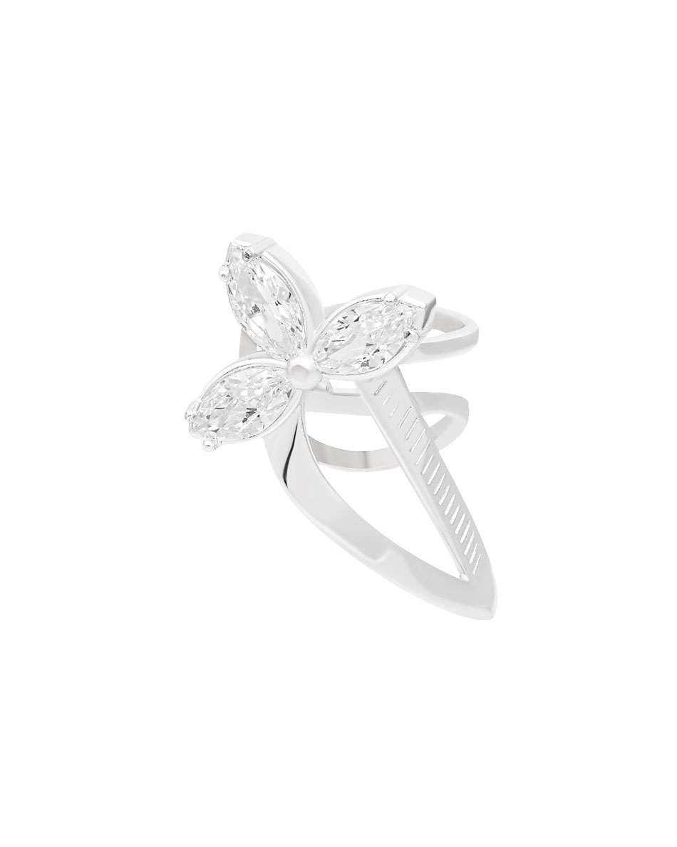 Small silver elven ear cuff with three clear stones, close-up