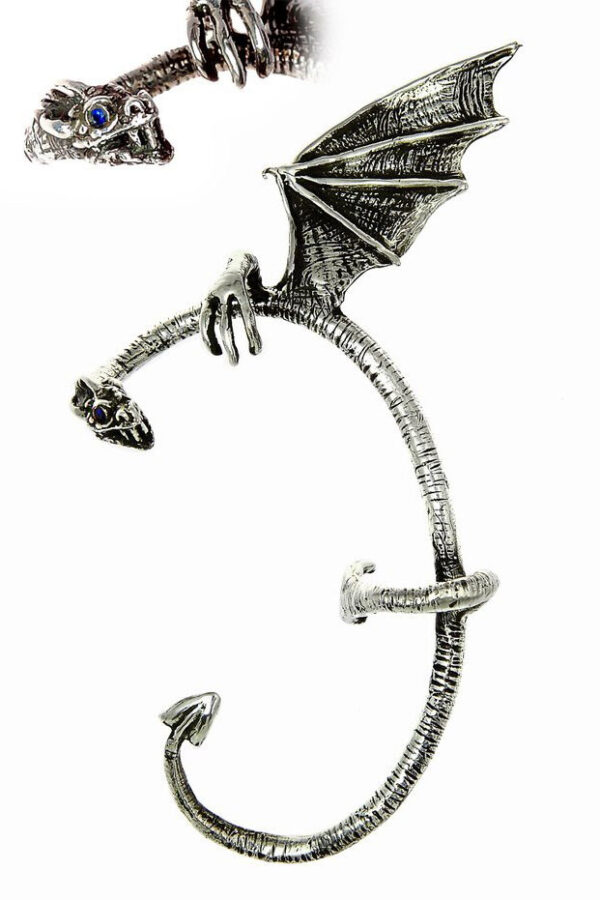 Sterling silver big dragon ear cuff with wing, curled tail, and blue stones, shown isolated on white background