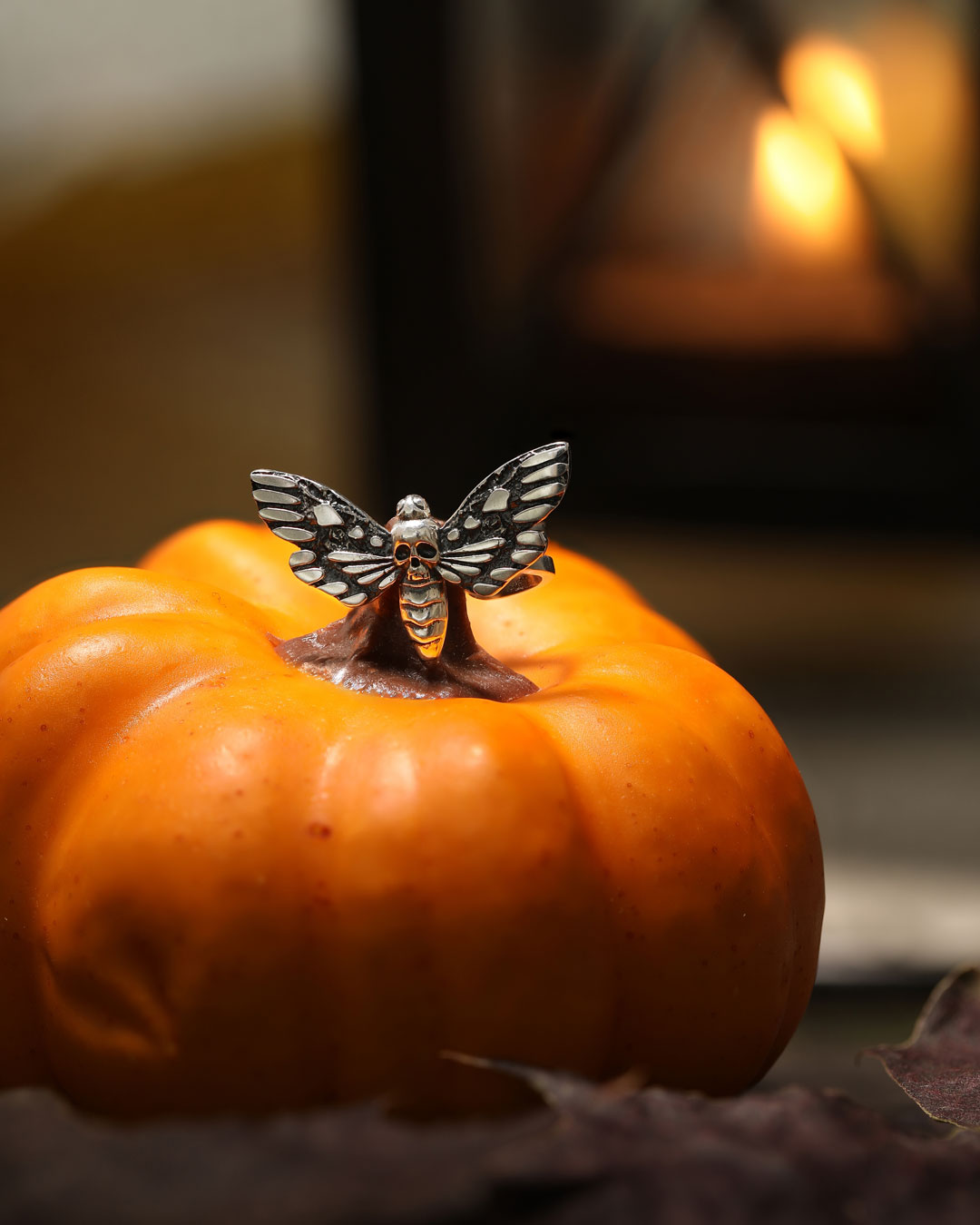 Sterling silver hawk moth ear cuff on pumpkin