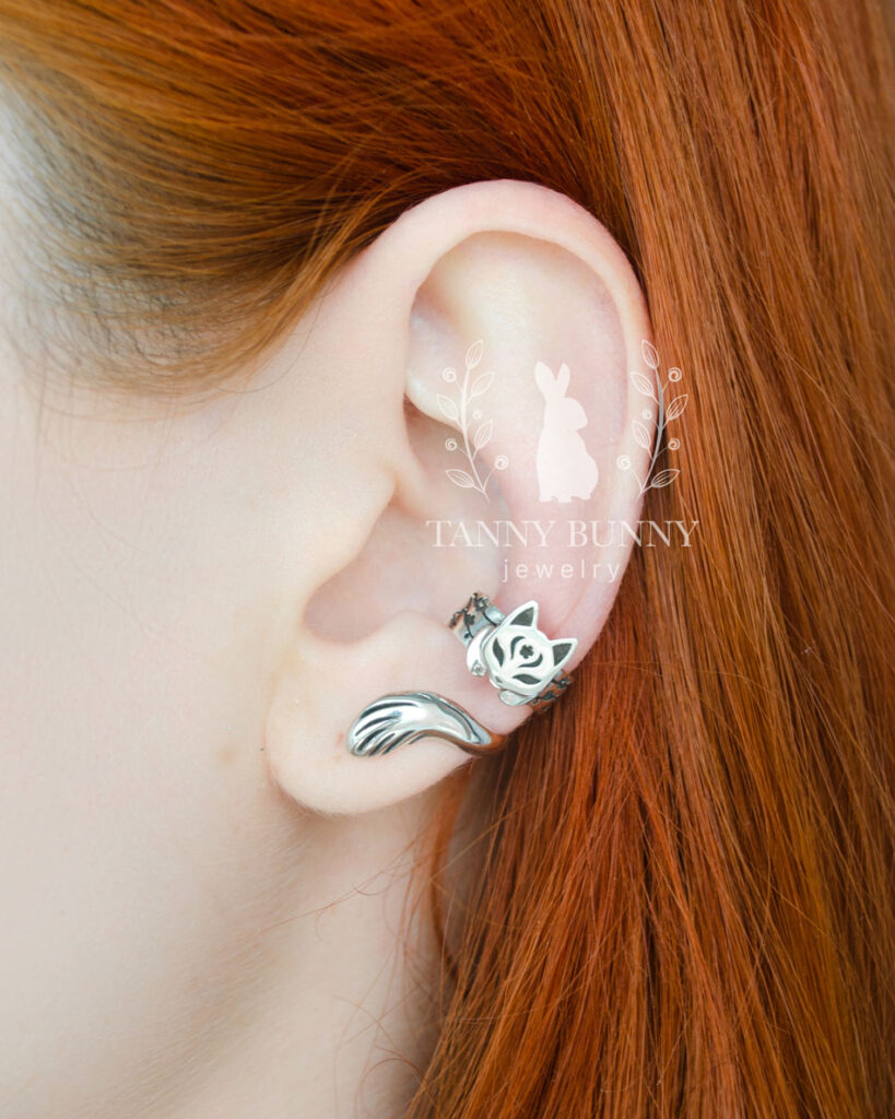 Japanese cat ear cuff silver TannyBunny Jewelry