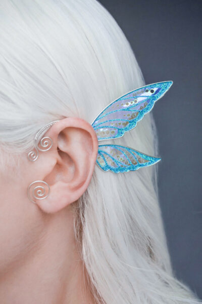 fairy cosplay ear cuff, blue, handmade, no piercing needed, fairy earring — blue fairy wing ear cuff worn on