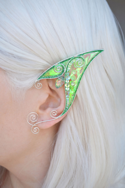 forest elf ear cuff — green handmade elf ear jewelry worn on model, no piercing needed