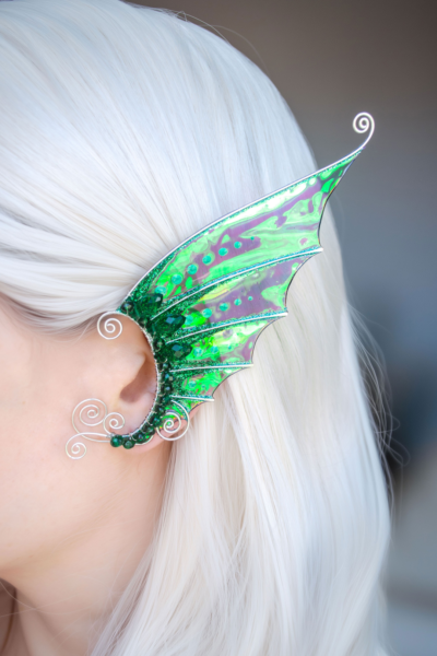 Green mermaid ear cuff worn on white-haired model, handmade no-piercing cosplay earring