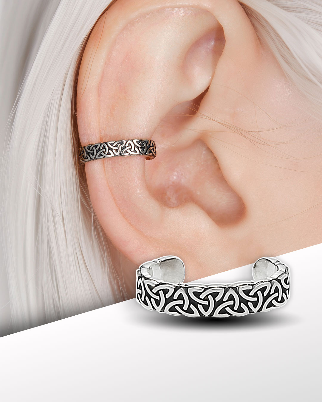 Close-up of thin Celtic ear cuff on model with white hair