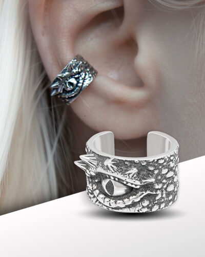 Unisex dragon eye ear cuff in oxidized silver