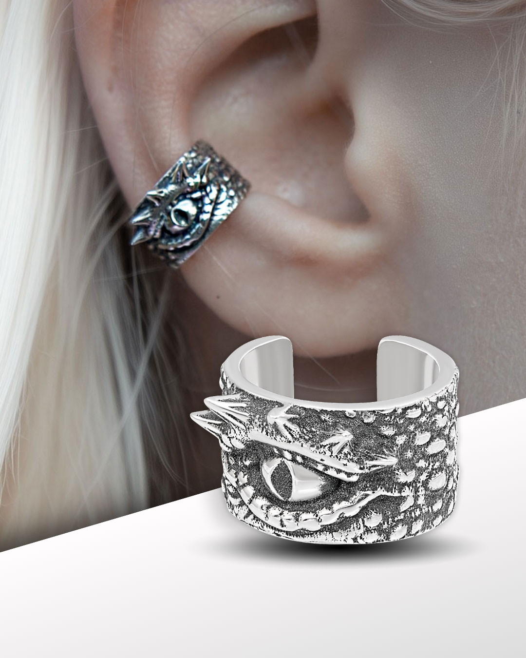 Unisex dragon eye ear cuff in oxidized silver