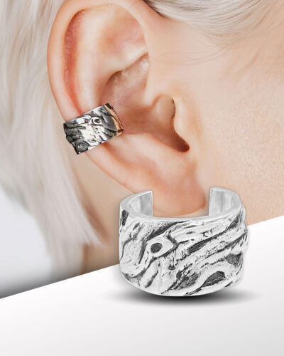 Sterling silver wood texture ear cuff on ear, no piercing