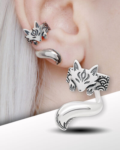 kitsune fox ear cuff on model’s ear, Japanese fox design in sterling silver