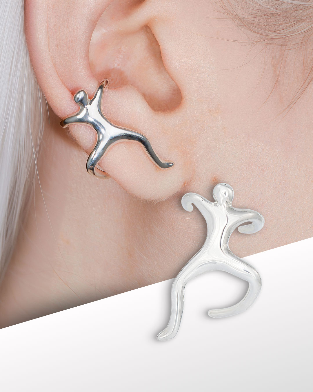 Sterling silver climbing man ear cuff worn on ear, unisex design, adjustable oval shape, no piercing needed