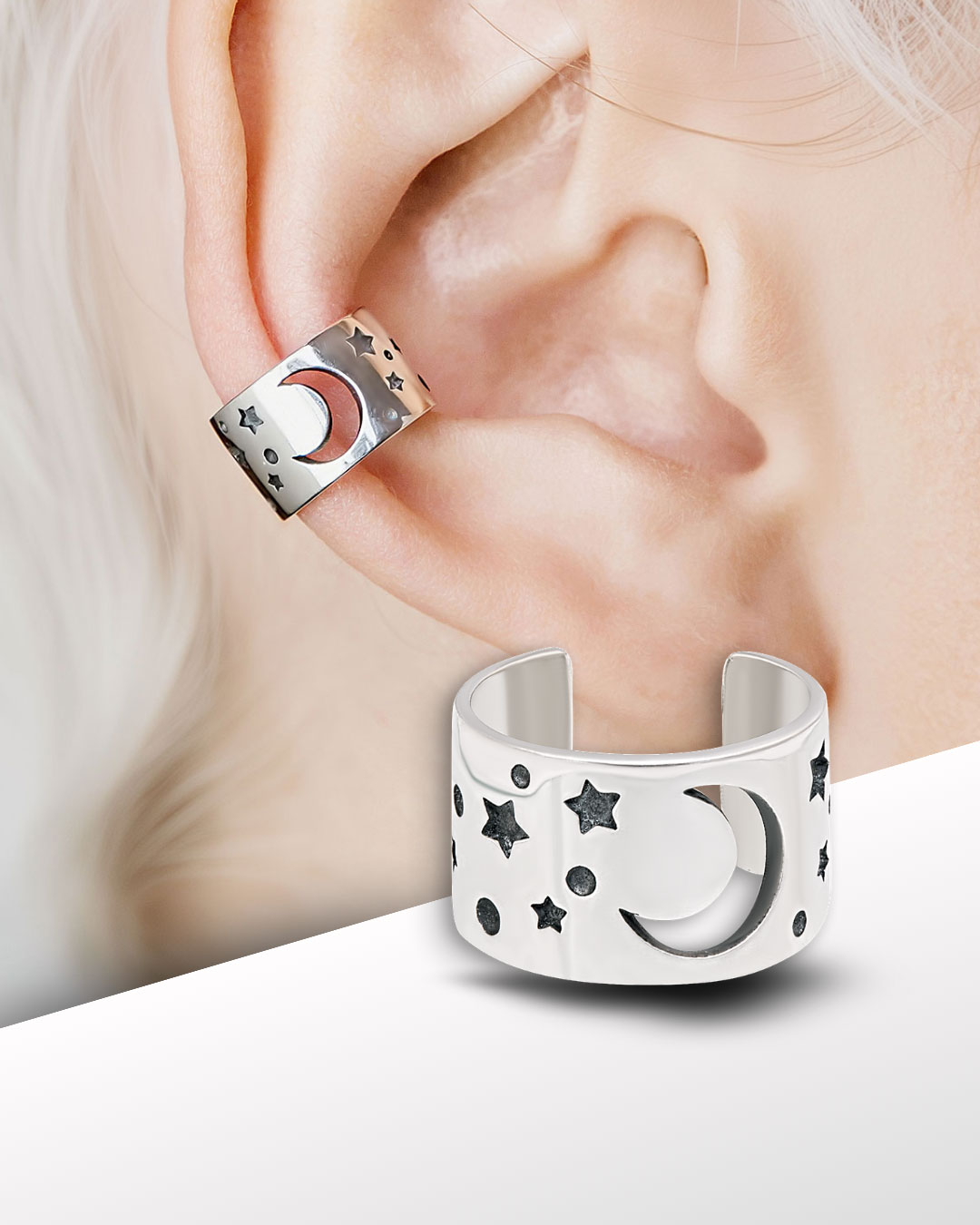 Sterling silver ear cuff with engraved stars and crescent moon, unisex no-piercing earring on ear