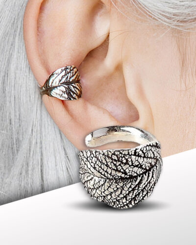 Sterling silver ear cuff in the shape of a leaf, botanical texture with oxidized finish, worn on ear, no piercing required
