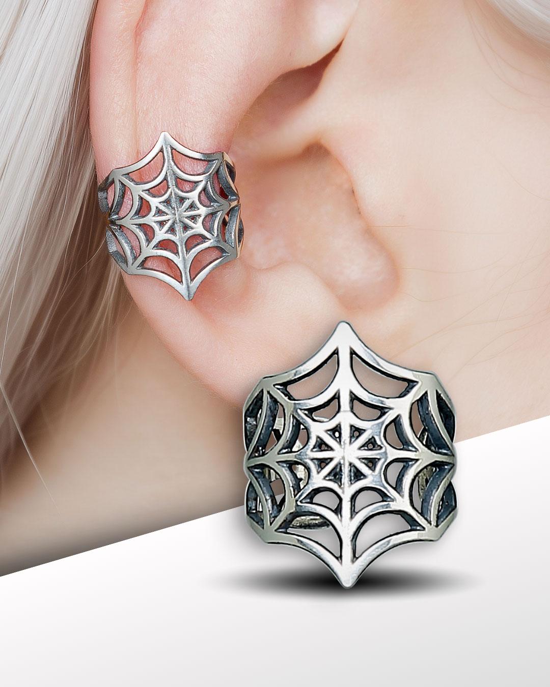 Spider web ear cuff made of 925 sterling silver, close-up view