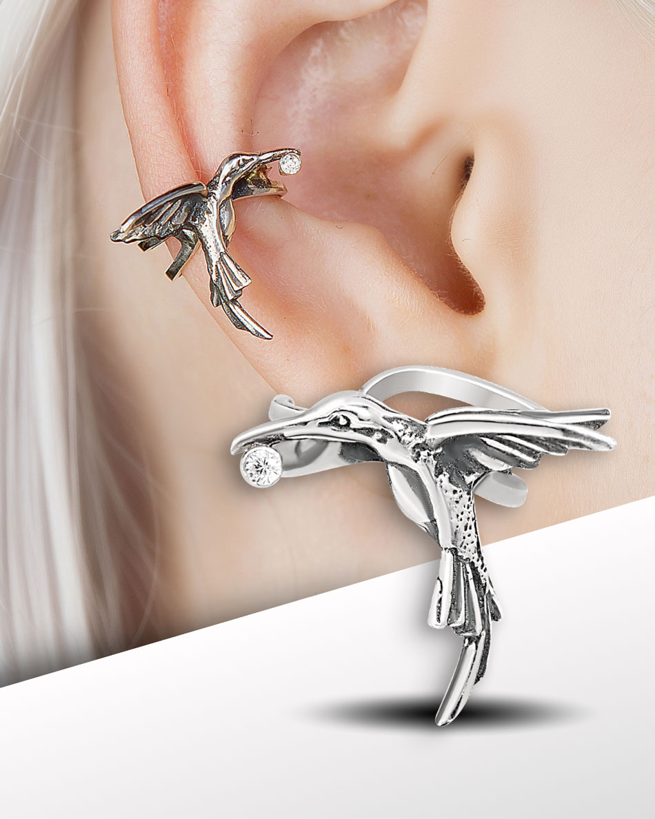 Humming bird ear cuff earring on ear