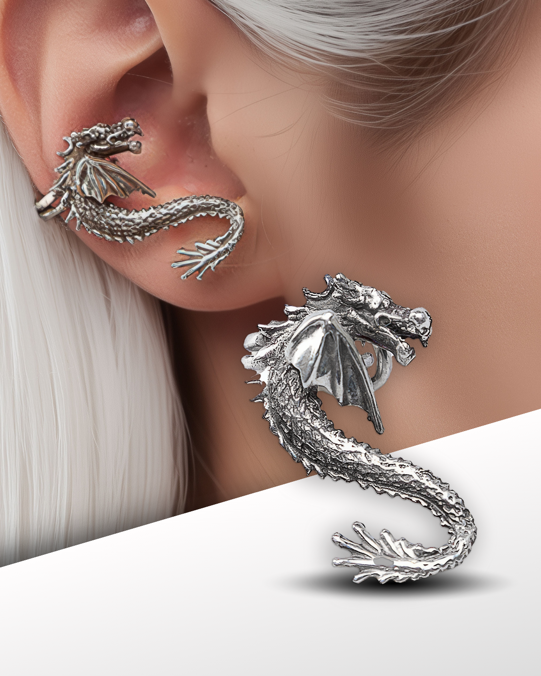 silver dragon ear cuff on right ear, fantasy style earring
