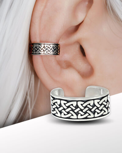 Sterling silver Celtic ear cuff on model with white hair