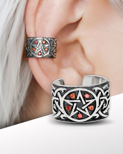 Pentagram ear cuff on model with red stones