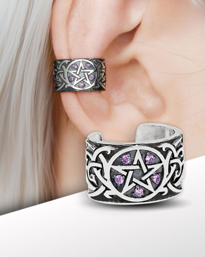 Sterling silver pentagram ear cuff on ear, no piercing