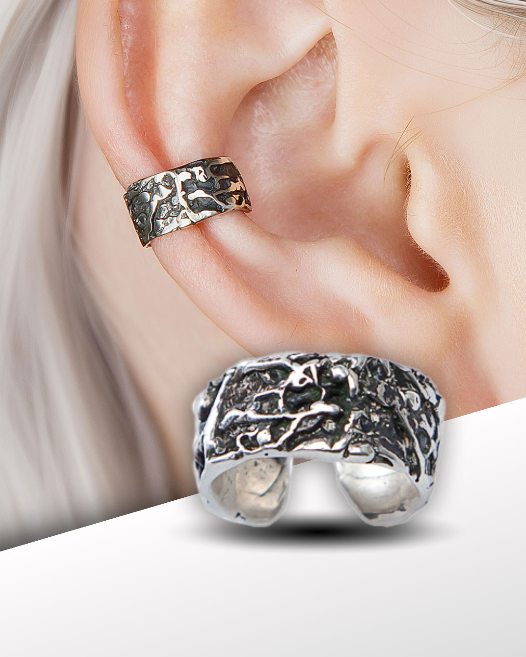 Silver lava ear cuff with textured surface, adjustable round shape, worn on middle of ear