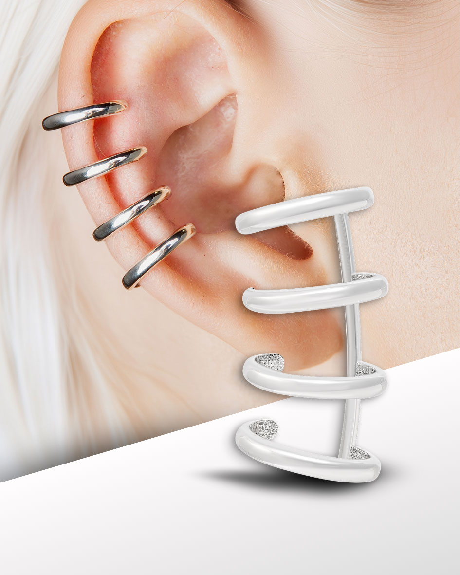 Sterling silver ear cuff with four stacked rings, worn on ear as fake piercing, unisex style, no piercing required
