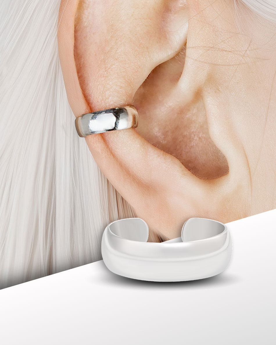 Sterling silver minimalist ear cuff with adjustable oval shape, no piercing needed