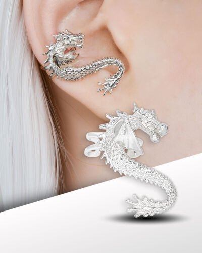 Silver dragon ear cuff shaped like an Eastern dragon, worn on the upper part of the ear. Made of 925 sterling silver with anti-tarnish galvanic coating. Ergonomic, adjustable fit for the right ear.