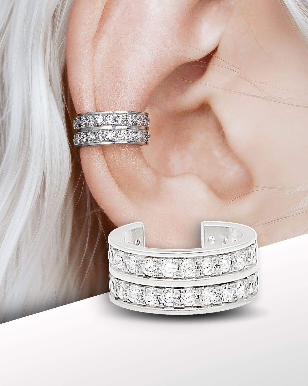 Silver ear cuff with two rows of stones, adjustable round shape, worn on middle of ear