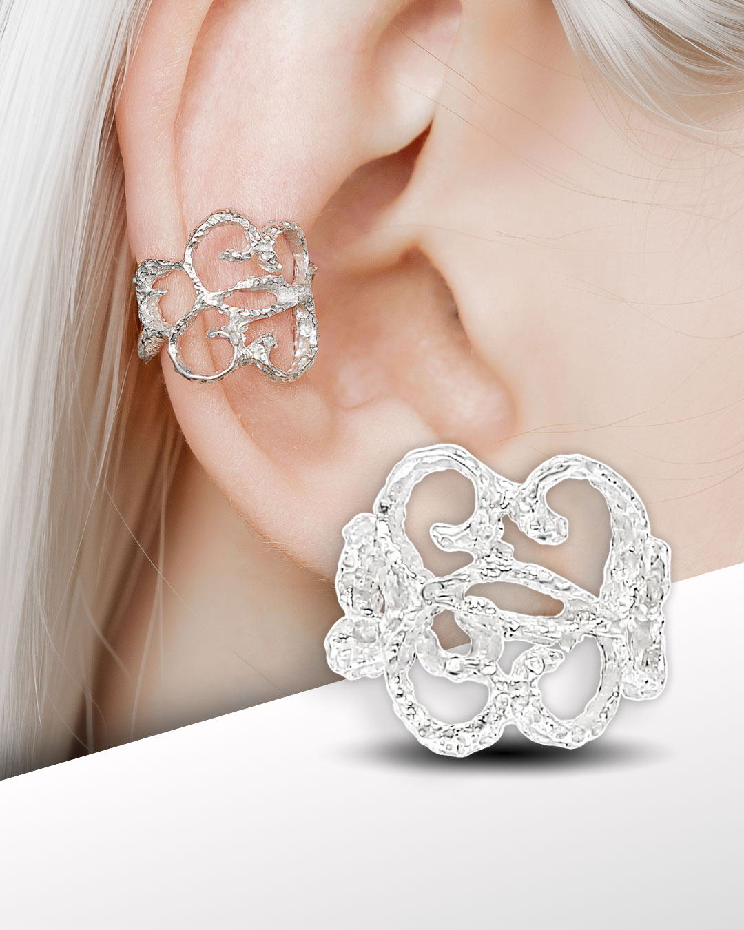 Silver ear cuff no piercing, lace design in 925 sterling silver, worn on middle of ear