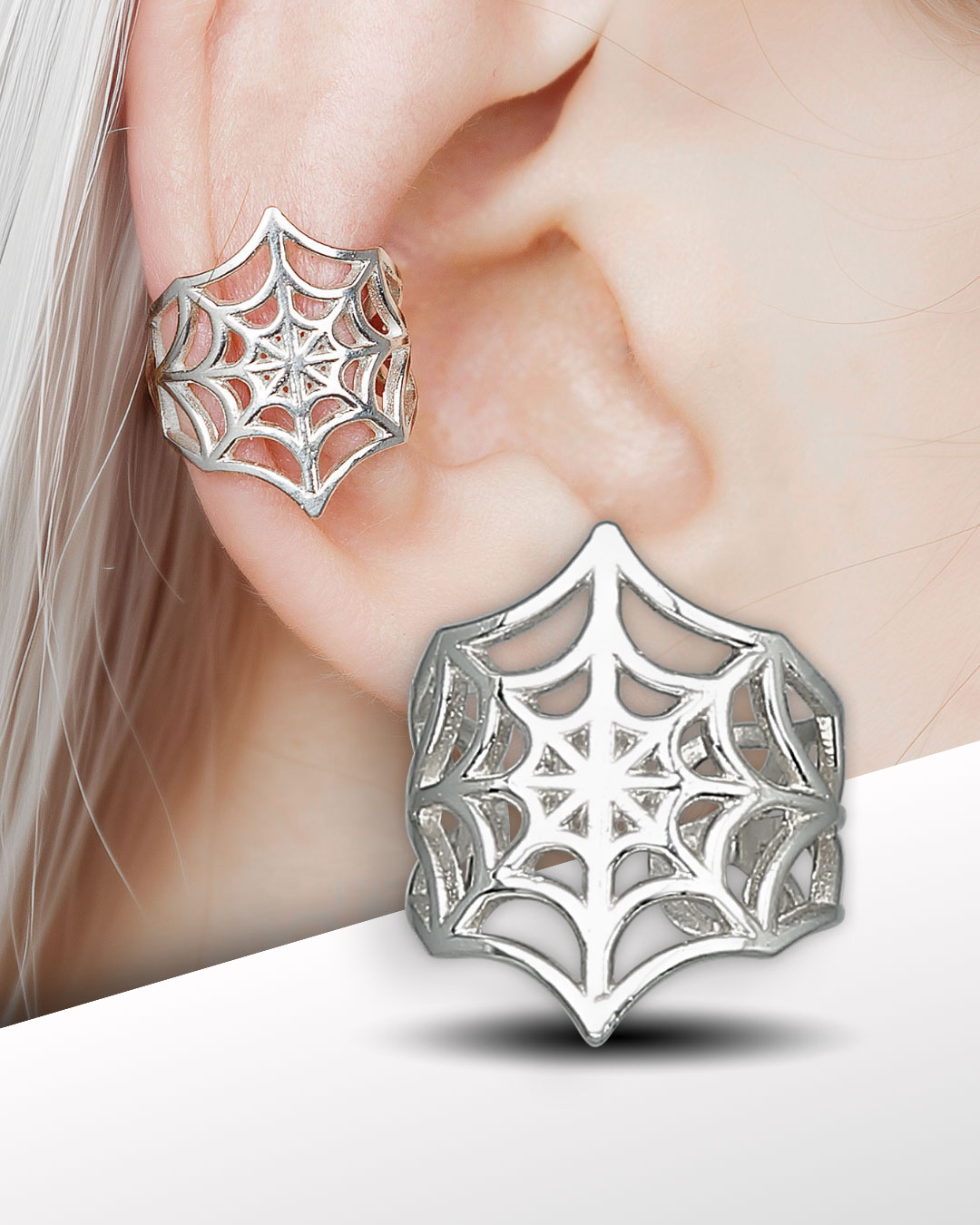 Silver spider web ear cuff close-up, cartilage earring view