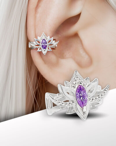 close-up lotus ear cuff purple stone on ear