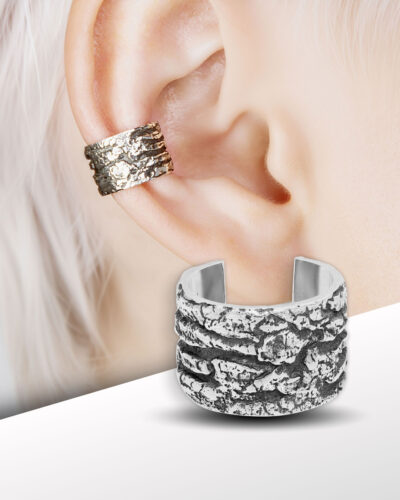 Bark texture ear cuff on model’s ear, oxidized silver