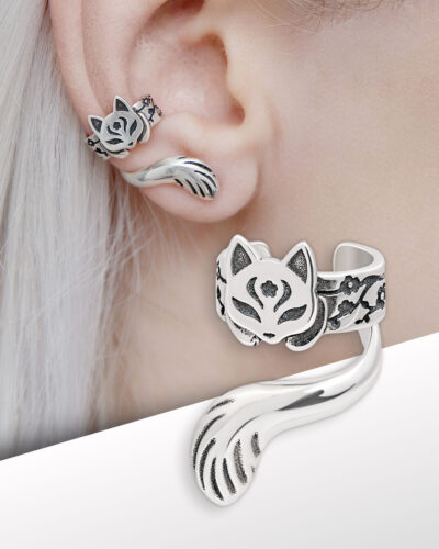 Japanese cat ear cuff with kitsune mask on model’s ear