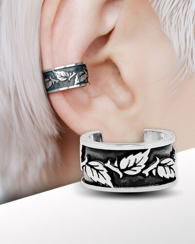 Leaves ear cuff made of sterling silver on ear