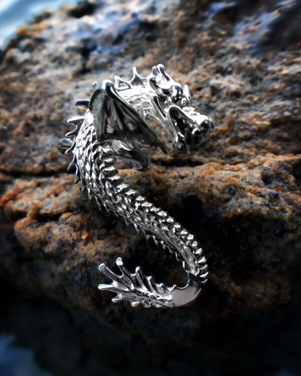 Silver dragon ear cuff on a wet rock
