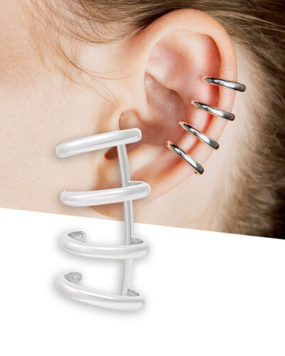 Sterling silver ear cuff with four stacked rings, worn on ear as fake piercing, unisex style, no piercing required