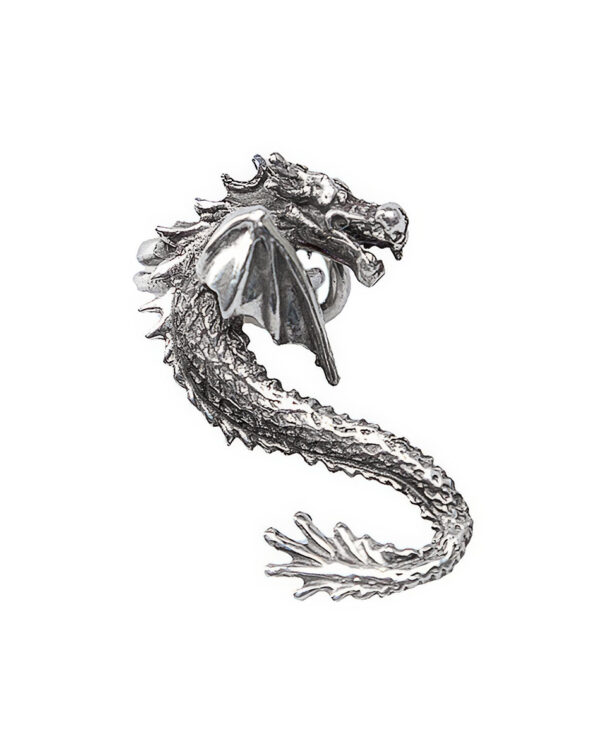 Silver dragon ear cuff with oxidized finish on white background