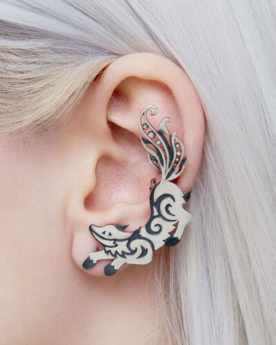 Close-up of fox ear cuff on ear, oxidized silver finish