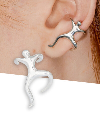 Sterling silver climbing man ear cuff worn on ear, unisex design, adjustable oval shape, no piercing needed