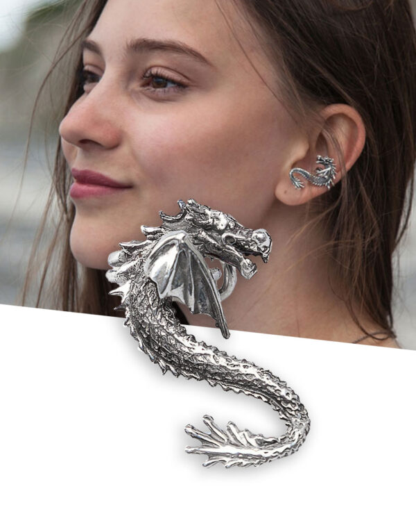 Girl wearing silver dragon ear cuff on right ear, fantasy style earring