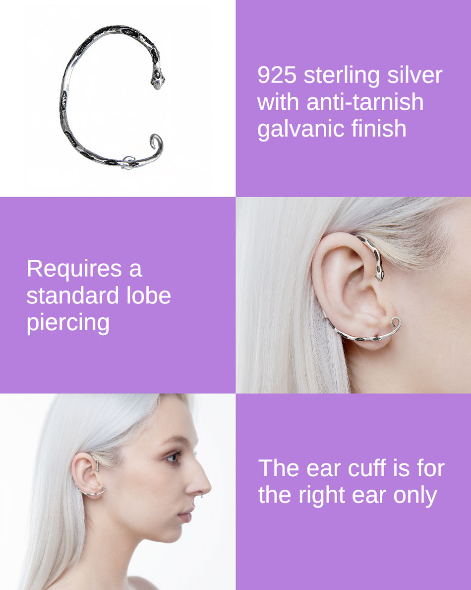 Snake ear cuff made of sterling silver with black pattern details