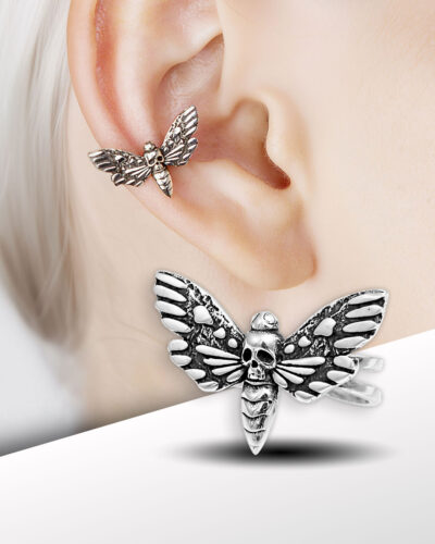Hawk moth ear cuff on model’s ear, sterling silver