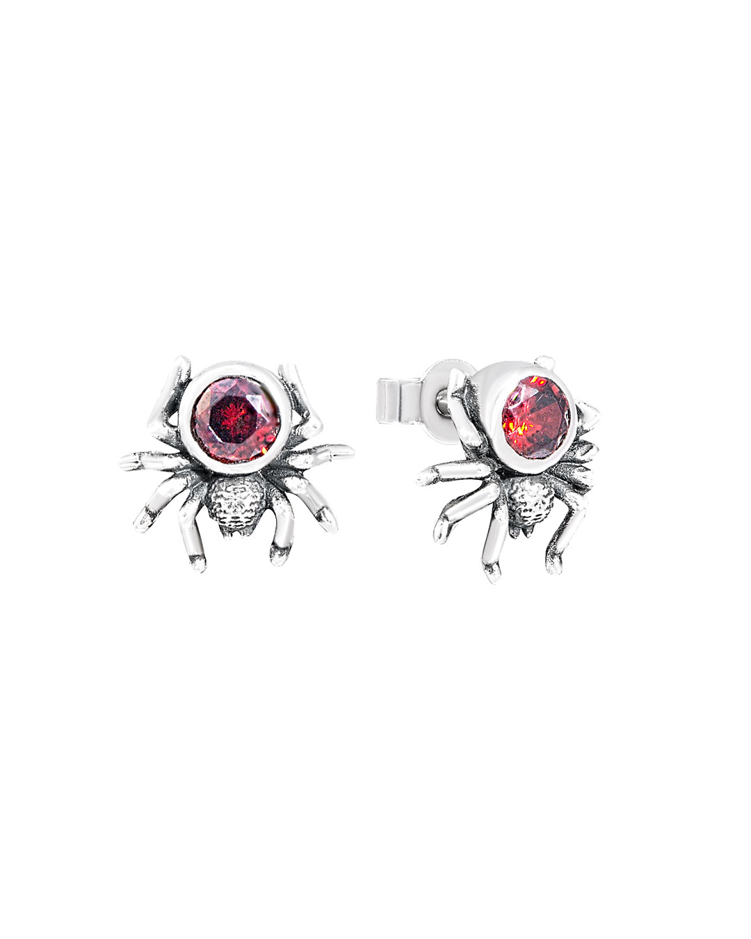 sterling silver spider stud earrings with red stones on white background