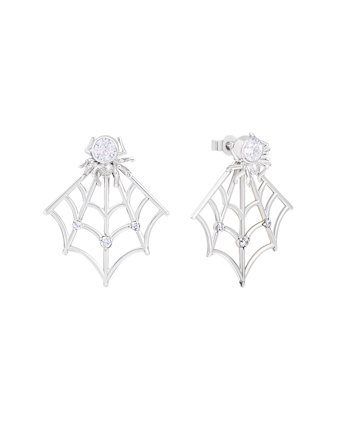 spider web ear jacket earrings in sterling silver with clear stones on white background