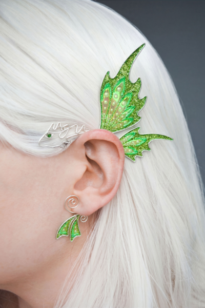 fantasy dragon ear cuff worn on ear, handmade dragon ear cuff, no piercing needed