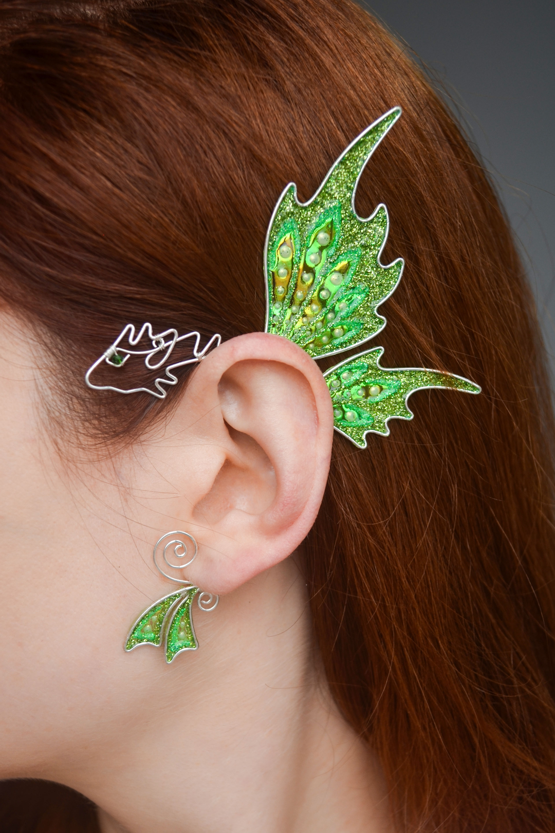 fantasy dragon ear cuff worn on ear, handmade fairy dragon ear cuff, no piercing needed