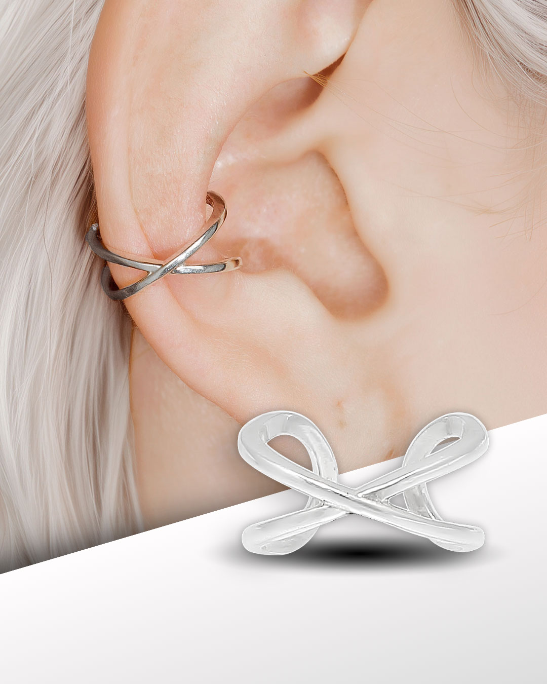 Criss cross ear cuff close-up, silver cartilage earring