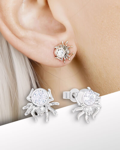 spider stud earrings made of sterling silver with clear cubic zirconia