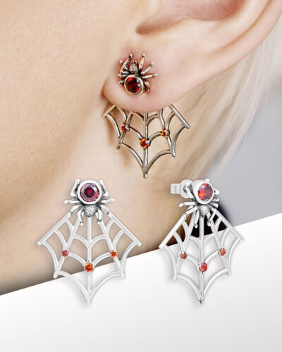 spider web ear jackets with red stones, sterling silver