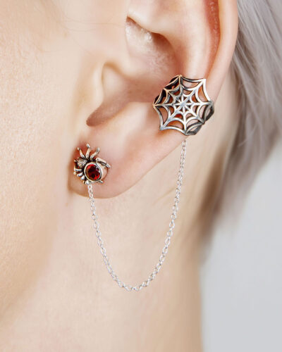 silver spider and web ear cuff set with chain on ear